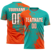 Custom Aqua White-Orange Abstract Brush Stroke Sports Sublimation Soccer Uniform Jersey