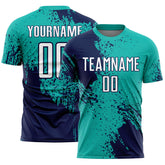 Custom Aqua White-Navy Abstract Brush Stroke Sports Sublimation Soccer Uniform Jersey