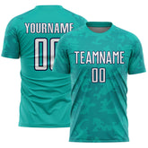 Custom Aqua White-Navy Curve Lines Sublimation Soccer Uniform Jersey