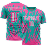 Custom Aqua Pink-White Splatter Torn Sharp Brush Stroke Sublimation Soccer Uniform Jersey