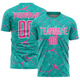 Custom Aqua Pink-White Abstract Network Crackle Sublimation Soccer Uniform Jersey