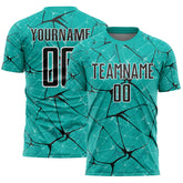 Custom Aqua Black-White Abstract Network Crackle Sublimation Soccer Uniform Jersey