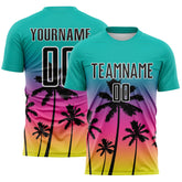 Custom Aqua Black Pink Neon Yellow-White Tropical Hawaii Palm Trees Gradient Sublimation Soccer Uniform Jersey