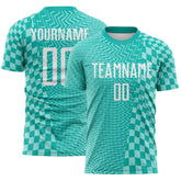 Custom Aqua White-Ice Blue Geometric Patchwork Asymmetry Checkered Zigzag Lines Sublimation Soccer Uniform Jersey