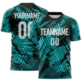 Custom Aqua White-Black Abstract Swirl Wave Grunge Splatter Sublimation Soccer Uniform Jersey