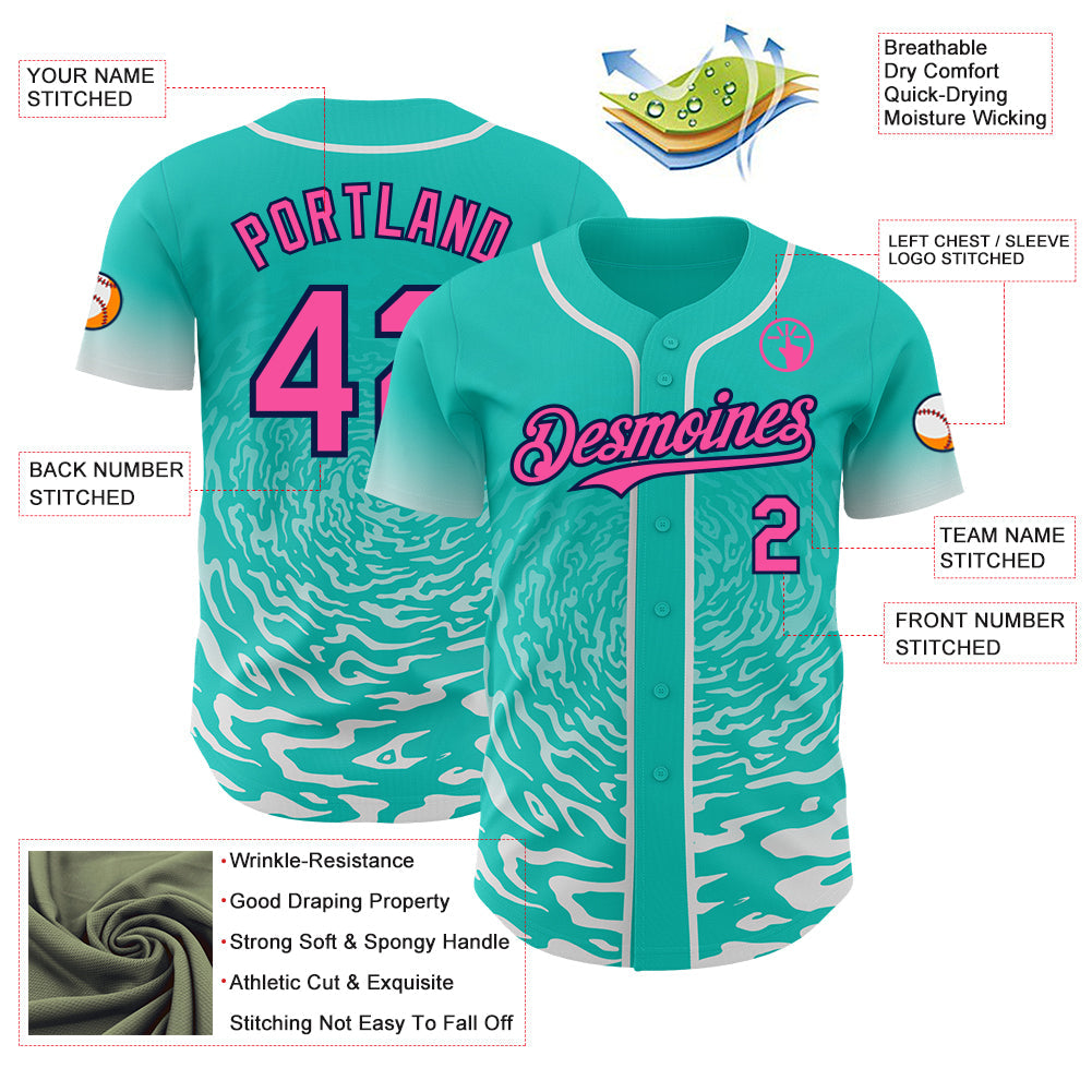 Custom Aqua Pink White-Navy Fluid Wave Splatter Gradient Authentic Baseball Jersey