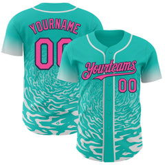Custom Aqua Pink White-Navy Fluid Wave Splatter Gradient Authentic Baseball Jersey