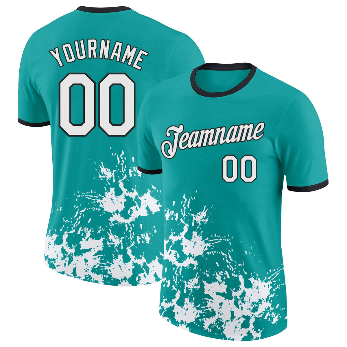 Custom Aqua White-Black Brush Stroke Splatter Performance T-Shirt
