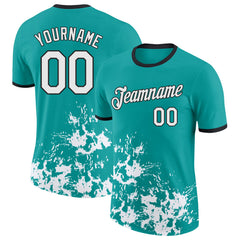 Custom Aqua White-Black Brush Stroke Splatter Performance T-Shirt