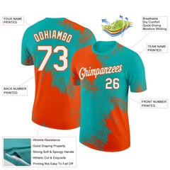 Custom Aqua White-Orange 3D Pattern Design Abstract Brush Stroke Performance T-Shirt