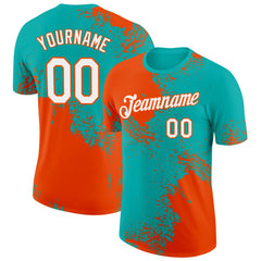 Custom Aqua White-Orange 3D Pattern Design Abstract Brush Stroke Performance T-Shirt