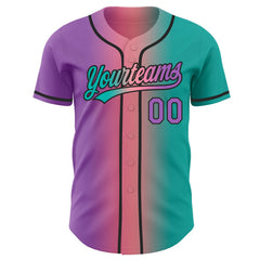 Custom Aqua Medium Purple Medium Pink-Black Authentic Gradient Fashion Baseball Jersey