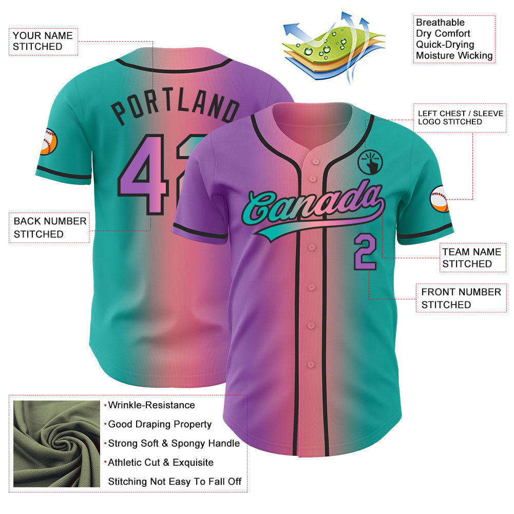 Custom Aqua Medium Purple Medium Pink-Black Authentic Gradient Fashion Baseball Jersey