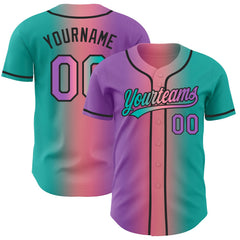 Custom Aqua Medium Purple Medium Pink-Black Authentic Gradient Fashion Baseball Jersey