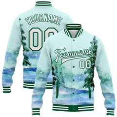 Custom Aqua White-Kelly Green Watercolor Winter Landscape With Snowy Trees 3D Pattern Design Bomber Full-Snap Varsity Letterman Jacket