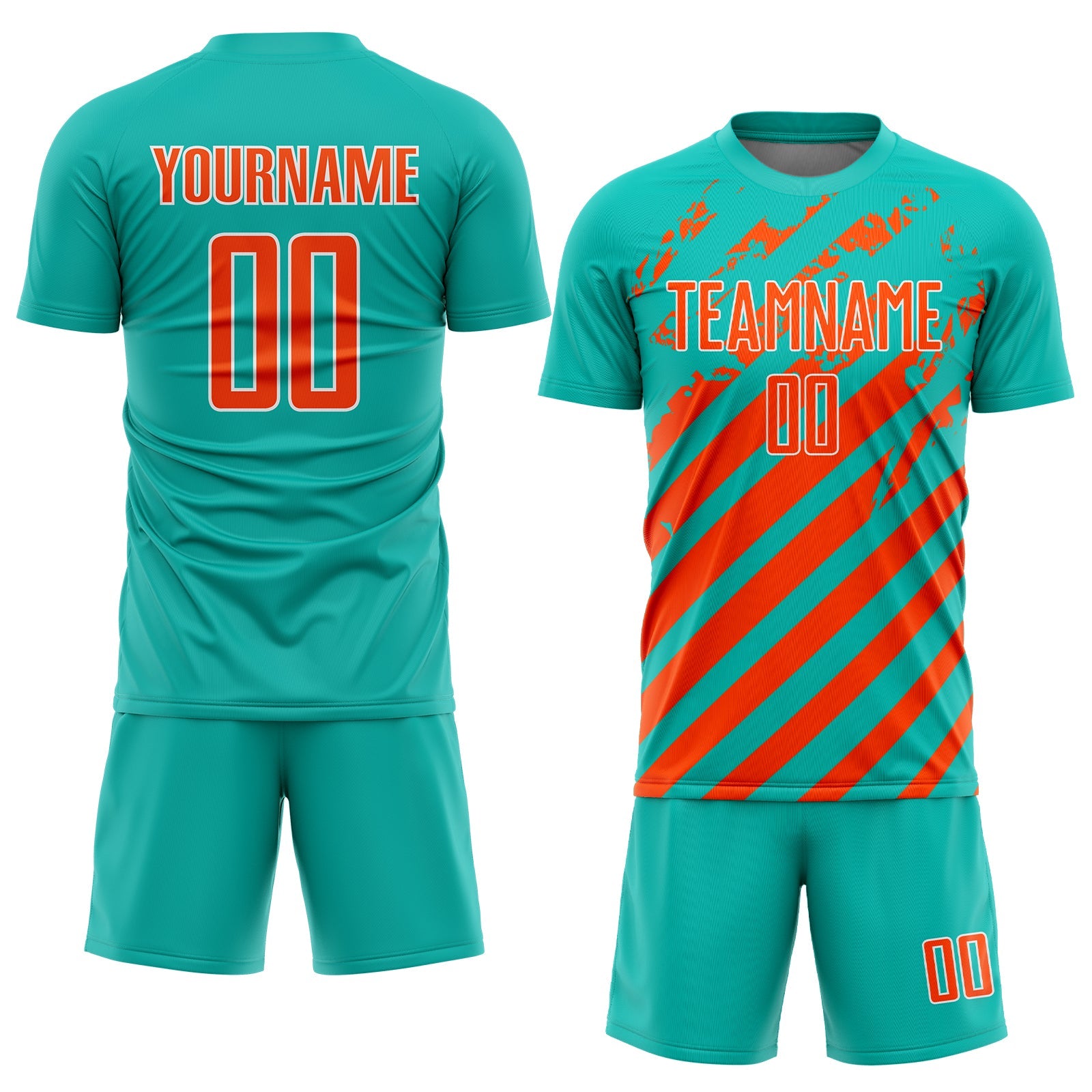 Custom Aqua Orange-White Distressed Diagonal Stripe Pattern Sports Sublimation Soccer Uniform Jersey