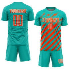 Custom Aqua Orange-White Distressed Diagonal Stripe Pattern Sports Sublimation Soccer Uniform Jersey