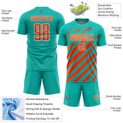 Custom Aqua Orange-White Distressed Diagonal Stripe Pattern Sports Sublimation Soccer Uniform Jersey